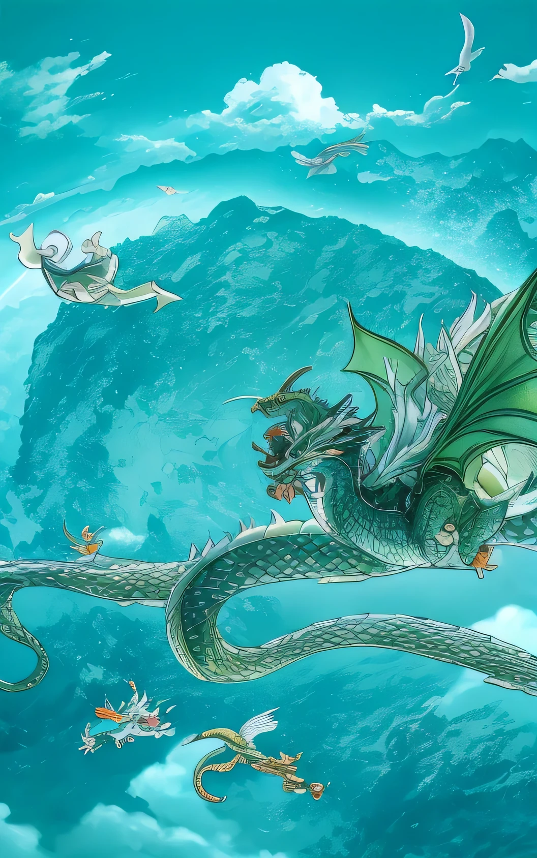 there is a dragon that is flying in the sky, cyan chinese dragon fantasy, shenron, dragon in the sky, lung dragon, smooth chinese dragon, green dragon, a dragon made of clouds, majestic japanese dragon, colossal dragon as background, dragon flying in the sky, dragon flying in sky, chinese dragon, god of dragons, dragon