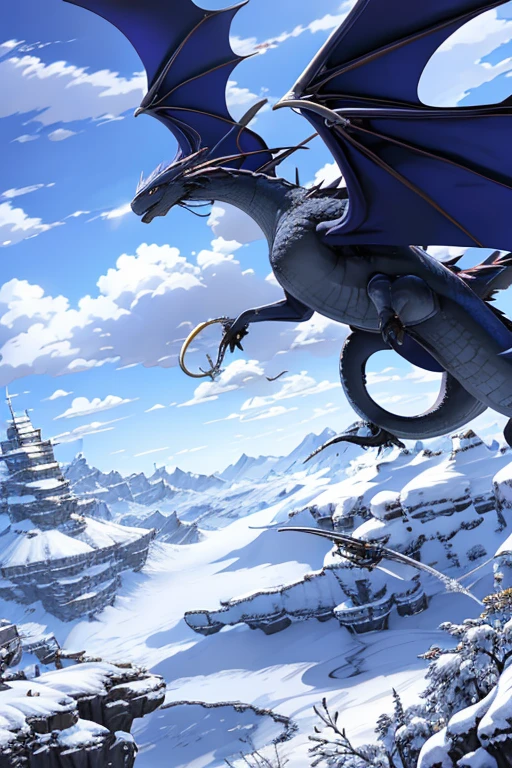 fantasy、flying blue dragon、snowy sky、Snowy mountains in the background