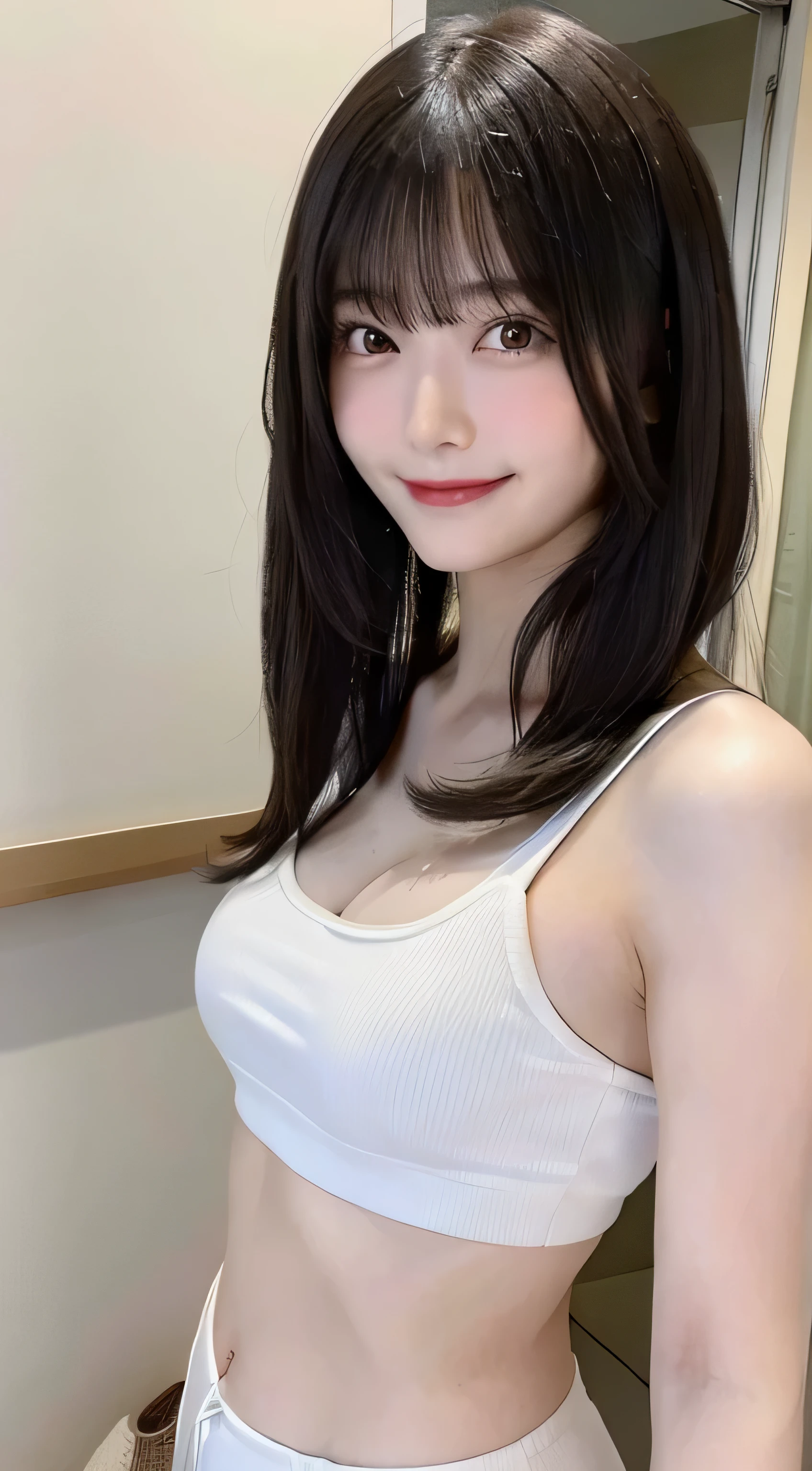 (top-quality,​masterpiece:1.3,超A high resolution,),(ultra-detailliert,Caustics,8K),(Ultra-dense muscle,Photorealsitic:1.4,RAW shooting),(Stand upright facing the front:1.1),White underwear,女の子1人,japanes,20yr old,kawaii,A dark-haired,looking happy smile,SEXY,Looking at the camera,(facing front)