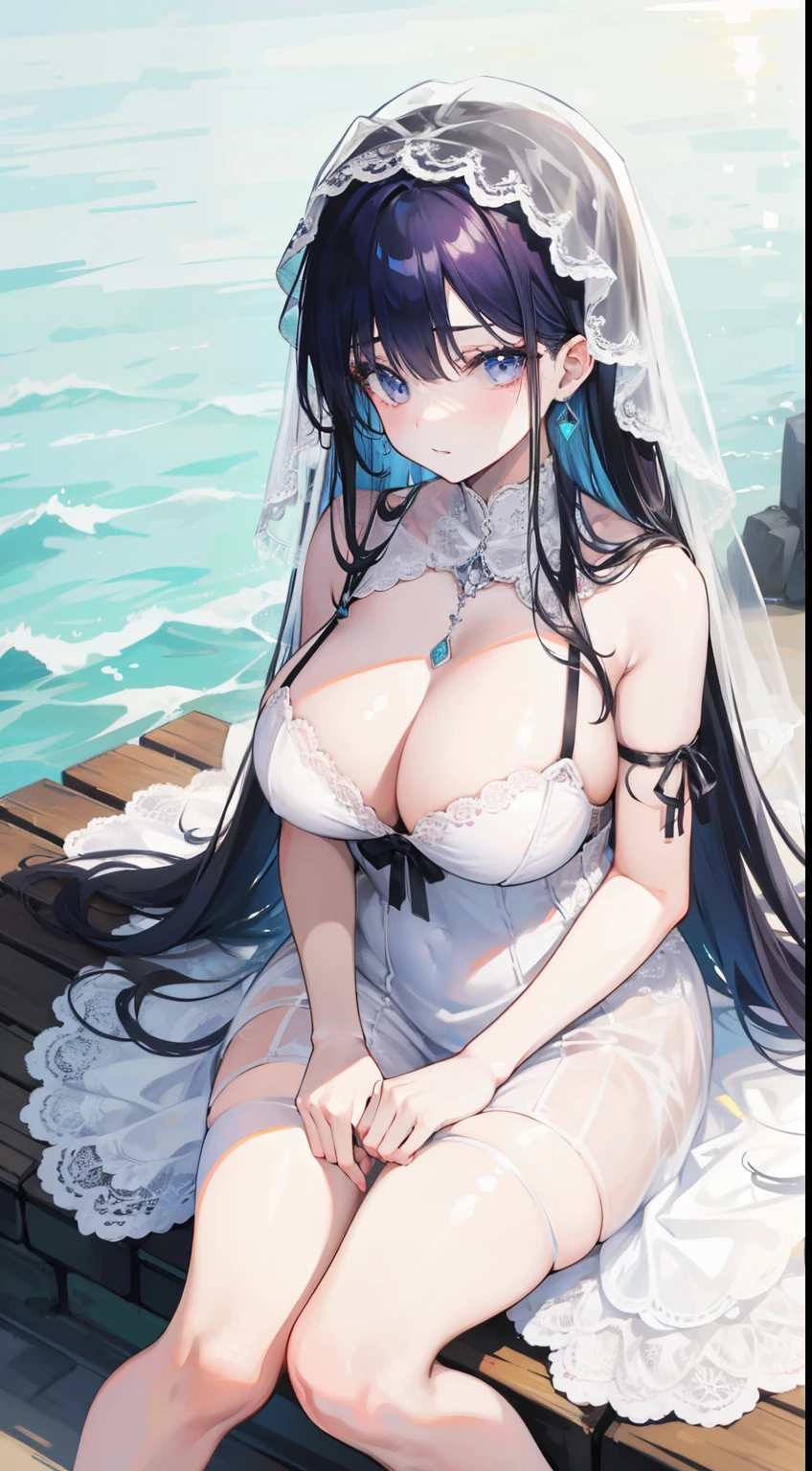 1 girl（masterpiece，top quality，best quality，official art，Beauty and aesthetics：1.2），（Pick and dye your hair，Pick dyeing，The main body is black，The dyed part is white：1.2），white veil，very big ，super huge （Plum），Raised sexy，Attractions，White lace bra，white stockings，Wedding dress，beach，sitting