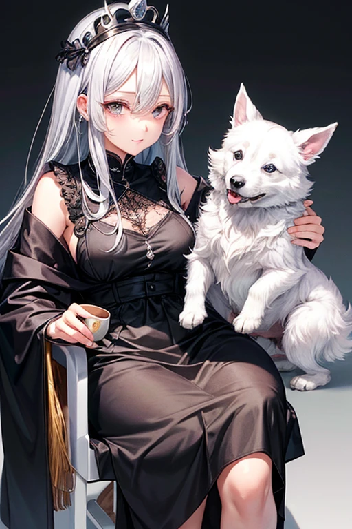 big breasts:1.5、、top quality、Very detailed、Very realistic eye masterpiece、top quality、Very detailed、gray hair、perfect face、long hair、White dress、sundress、Sex with dogs、