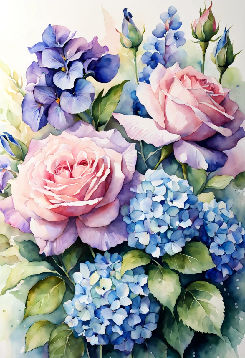 masterpiece, best quality, watercolor, flowers, pink roses, blue hydrangeas, purple irises, green leaves, soft lighting, depth of field