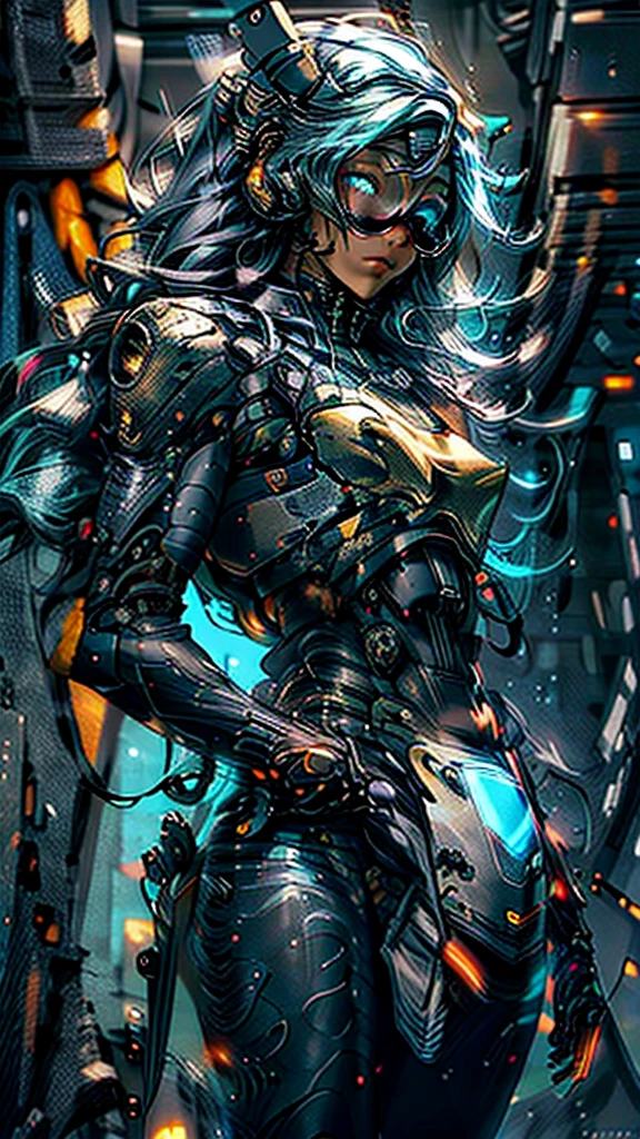 Realistic, perfect masterpiece, high quality, high resolution, highest image quality, 8k hd, 
1girl, 
Long dark blue hair, yellow eyes, glowing eyes, parted lips, blush, 
Cybernetic suit, mecha long skirt, armored dress, masks, Wild full-coverage helmets
Night, flowers, sun, sunlight, 
Highly detailed background