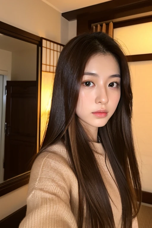 Japanese, woman, Room, winter, 23 years old, medium long hair, Chestnut color, No makeup, Selfie style, double eyelid, D cup, bust up photo, at night