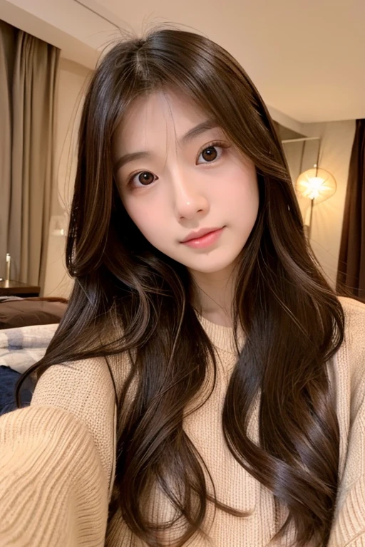 Japanese, woman, Room, winter, 23 years old, medium long hair, Chestnut color, No makeup, Selfie style, double eyelid, D cup, bust up photo, at night