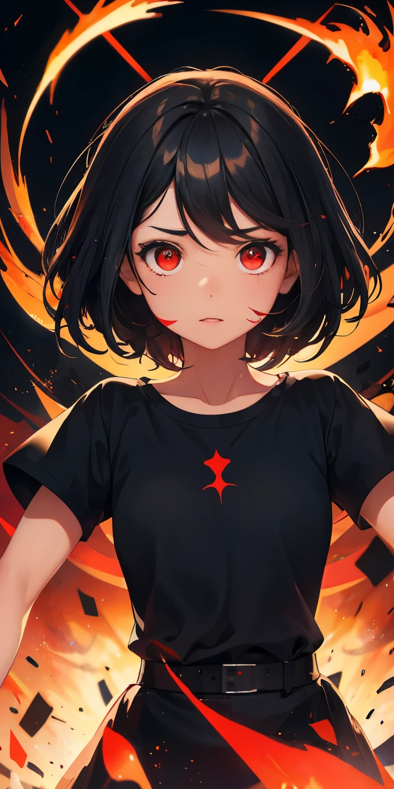 1 chica, pelo negro, ojos rojos, Bruja de Fuego, Sangre, light particles, rayos de luz, fondo de pantalla, Alto contraste, vistoso,