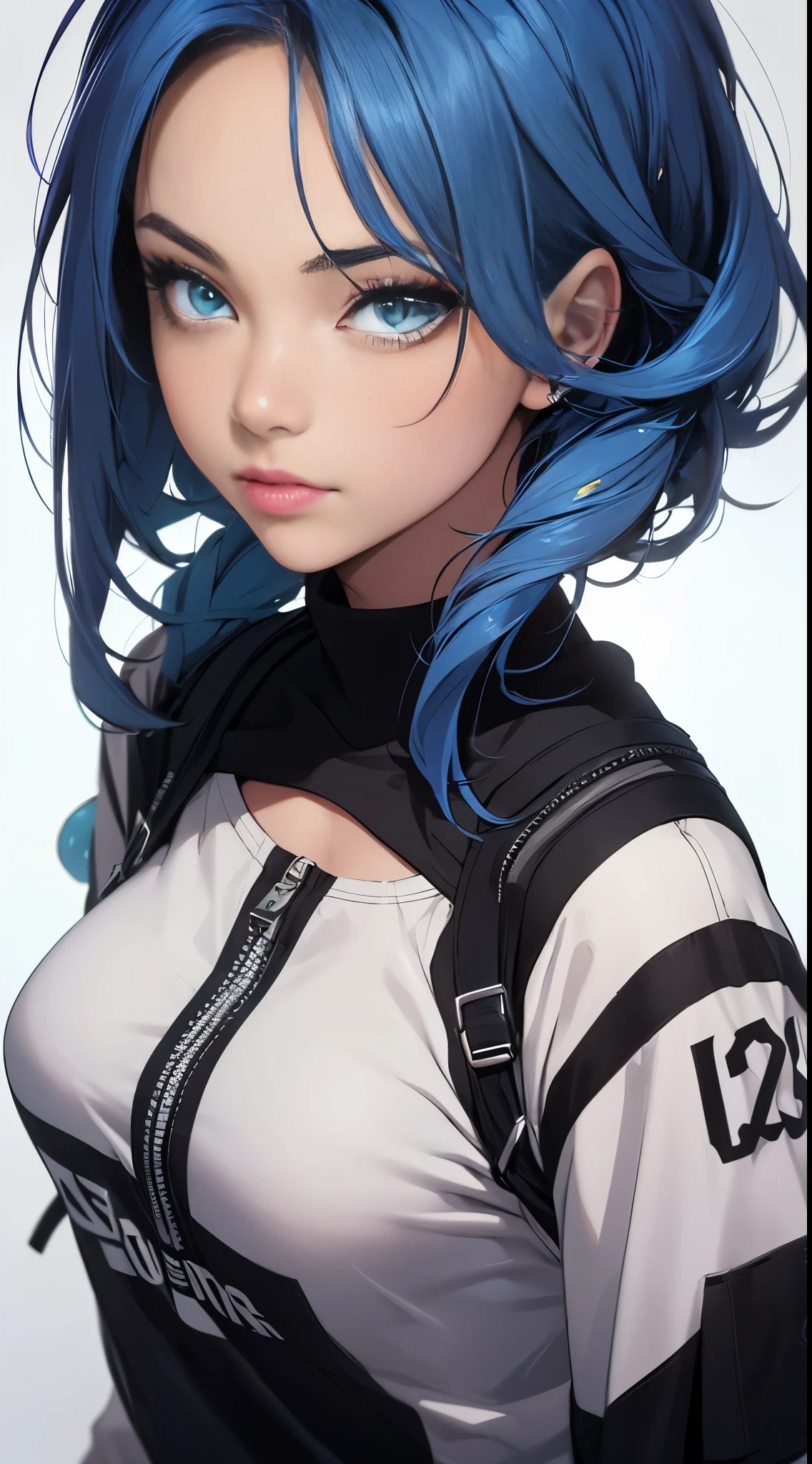 1 girl named Sarah with long light blue hair, dyed loose hair, Long hairstyle, perfect detailed face, Young pretty white girl, Hot-top model, Detailed symmetrical light green eyes with round irises, Beautiful, Walking and posing, Look at the observer, 19-year-old girl, looks like Madison Beer, extremely detailed face, Model, Realistic, Real life, perfect photorealistic picture, Realistic, hourglass figure, Stunning realistic photography, Detailed fingers, detailed realistic face, Soft fingers, real human nails, Extremely attractive girl, perfect detailed tan, small eyes, perfectly detailed face with realistic complexion and finely porous skin, small nose, Model, Perfect posture, Natural limbs, long legs, detailed symmetrical eyeballs, symmetric eyes, Realistic eyeballs, Realistic detailed eyes, cute plump closed lips, makeup, no long neck, no long waist, Perfect proportional body, seductive gaze, Looking in the direction of the viewer, Fascinating facial features, ah high, two arms, Two legs, one head, tiny breasts, realistic natural bodies, realistic shadows, Mystical epiphany, 8K, UHD, ((body facing the viewer, Pointing at the camera)), "wide-angle", Full-body shot, full pose, (photo studio white background), tempt a little, Cinematic world, Cover photo in the center of Hyperealistic, Stunning full-color, Cinematic, neoprene, behance contest winner, portrait of a, presented at Unsplash, stylized digital art, Smooth, extra high resolution, She wearing a large white long T-shirt and black Acronym J36-S sweatpants (T-shirt only white), black and white sneakers, instagram model, 80mm , Streetwear , (((dynamic view))) , Realistic,round ass