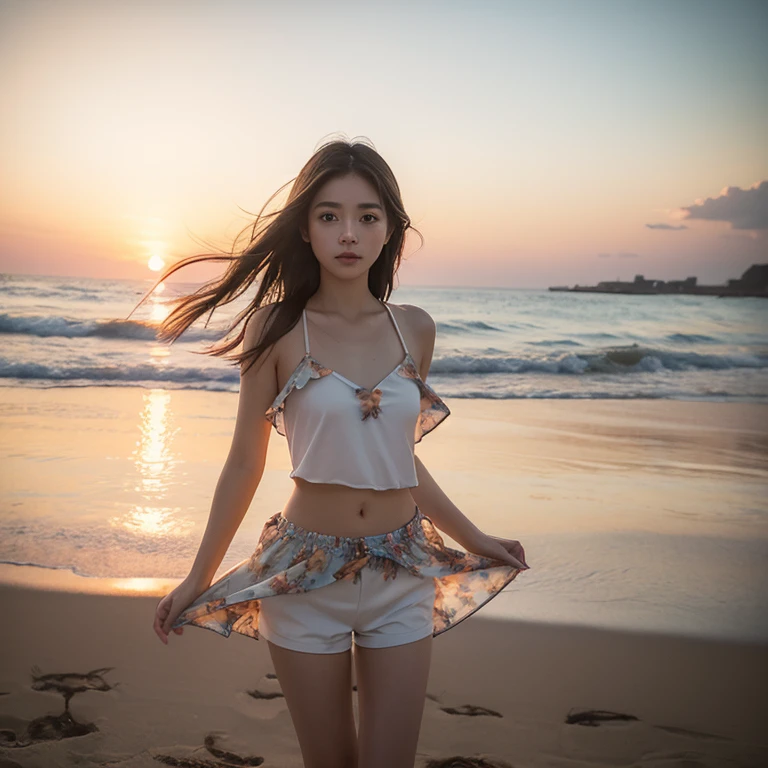 (masterpiece:1.2), (best quality:1.3), shallow_Sunset, 1 girl, permanent, cowboy_shooting, straw_have, swimsuit, skirt, shorts, flower, starfish, half naked