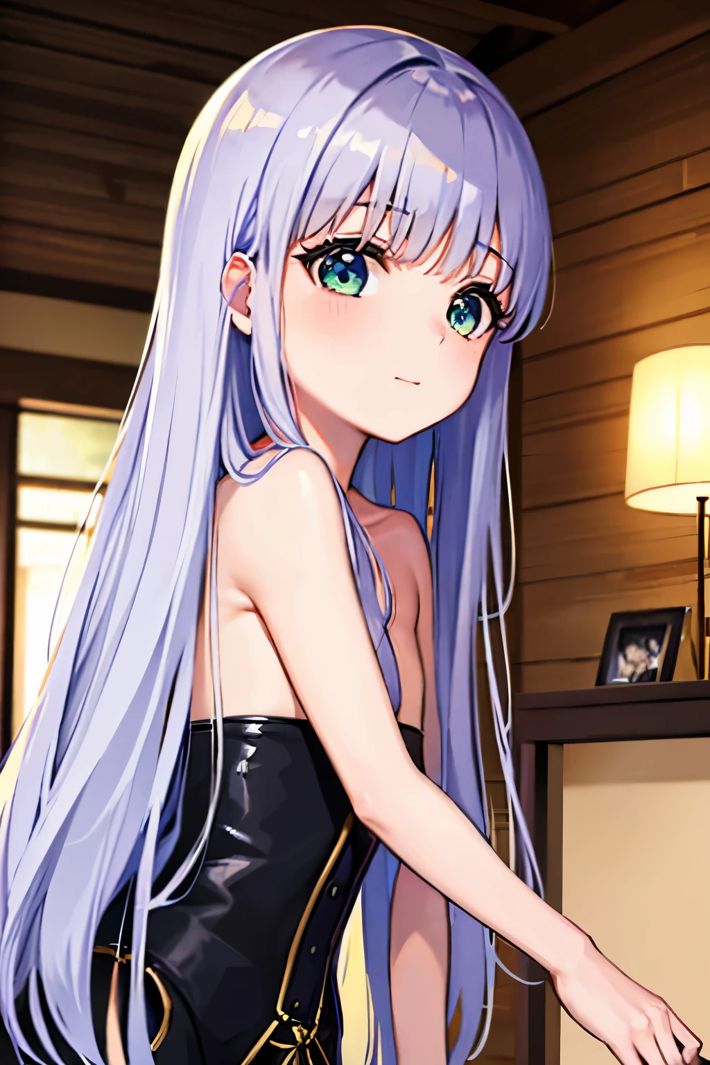 Anime girl with long purple hair and blue eyes in a black dress - SeaArt AI