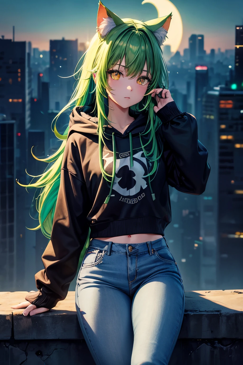 top quality, high resolution, perfect human structure, wasteland, hand on hip, evening, moon, loneliness, glowing hair, cat ears, green hair, hoodie, jeans, sitting, top angle, clothes, near future, city, neon colors, multicolored hair, star-shaped pupils , wavy hair