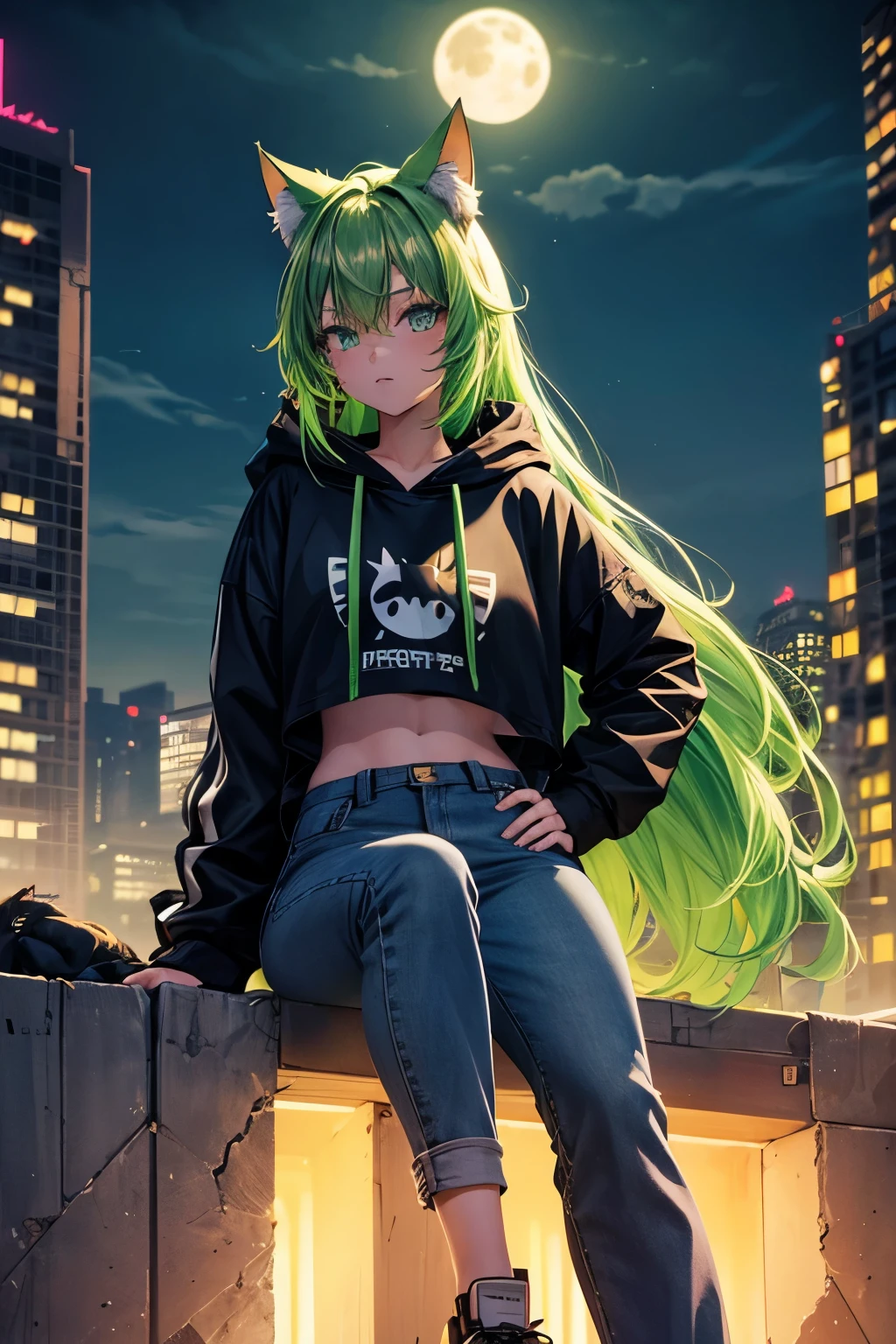 top quality, high resolution, perfect human structure, wasteland, hand on hip, evening, moon, loneliness, glowing hair, cat ears, green hair, hoodie, jeans, sitting, top angle, clothes, near future, city, neon colors, multicolored hair, star-shaped pupils , wavy hair