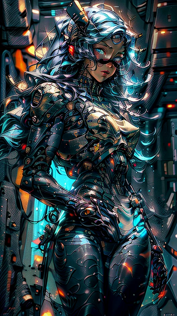 Realistic, perfect masterpiece, high quality, high resolution, highest image quality, 8k hd,
1girl,
Long dark blue hair, yellow eyes, glowing eyes, parted lips, blush,
Cybernetic suit, mecha long skirt, armored dress, masks, Wild full-coverage helmets
Night, flowers, sun, sunlight,
Highly detailed background