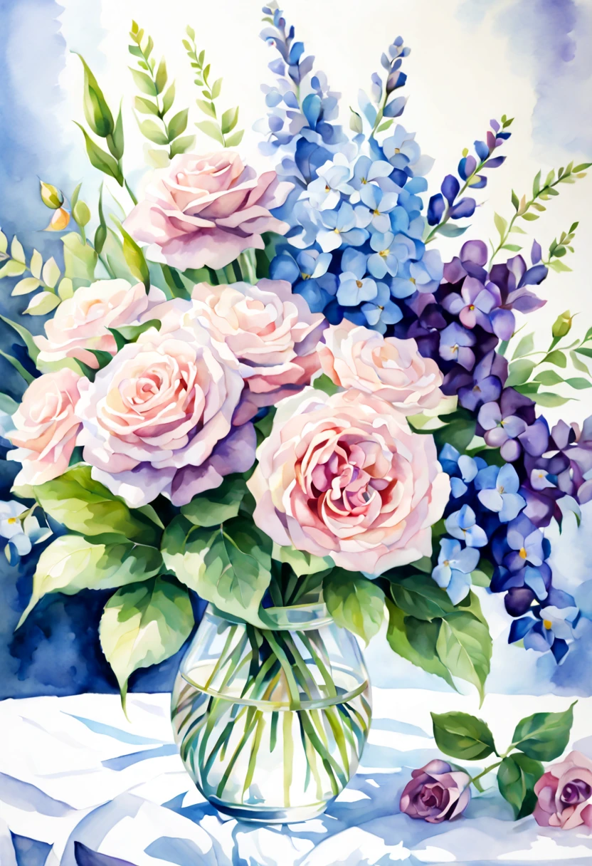 masterpiece, best quality, watercolor, flowers, pink roses, blue hydrangeas, purple irises, green leaves, soft lighting, depth of field