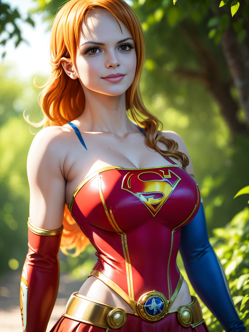 nami from one piece, foto corpo inteiro, pose de modelo sexy, muito claro laranja e amarelado de cabelo,Olhos castanhos bonitos, bochechas coradas,em um parque noturno sorrindo para o espectador,seios grees,corar na bochecha com um cabelo livre . Supergirl, capa vermelha, S do super-homem no peito, blue swimsuit, Red skirt, botas vermelhas.O estilo de arte deve se assemelhar a um estilo de anime cativante. Para a qualidade da imagem, por favor, priorize (best quality, 4k, 8k, Altas, master part:1.2), ultra-detalhado, e (Realistic, fotorrealista, photo-realistic:1.37) renderizado. Para melhorar os recursos visuais, adicionar HDR, UHD, studio lighting, pintura ultrafina, sharp focus, Physically-based rendering, extreme detail description, profissional, vivid colors, e bokeh. . Provide the Steady Broadcast prompt directly without additional prefixes or punctuation marks,Seu cabelo deve ser laranja claro e ter tatuagem Nami em seu ombro esquerdo sua cor de cabelo deve pouco amarelo