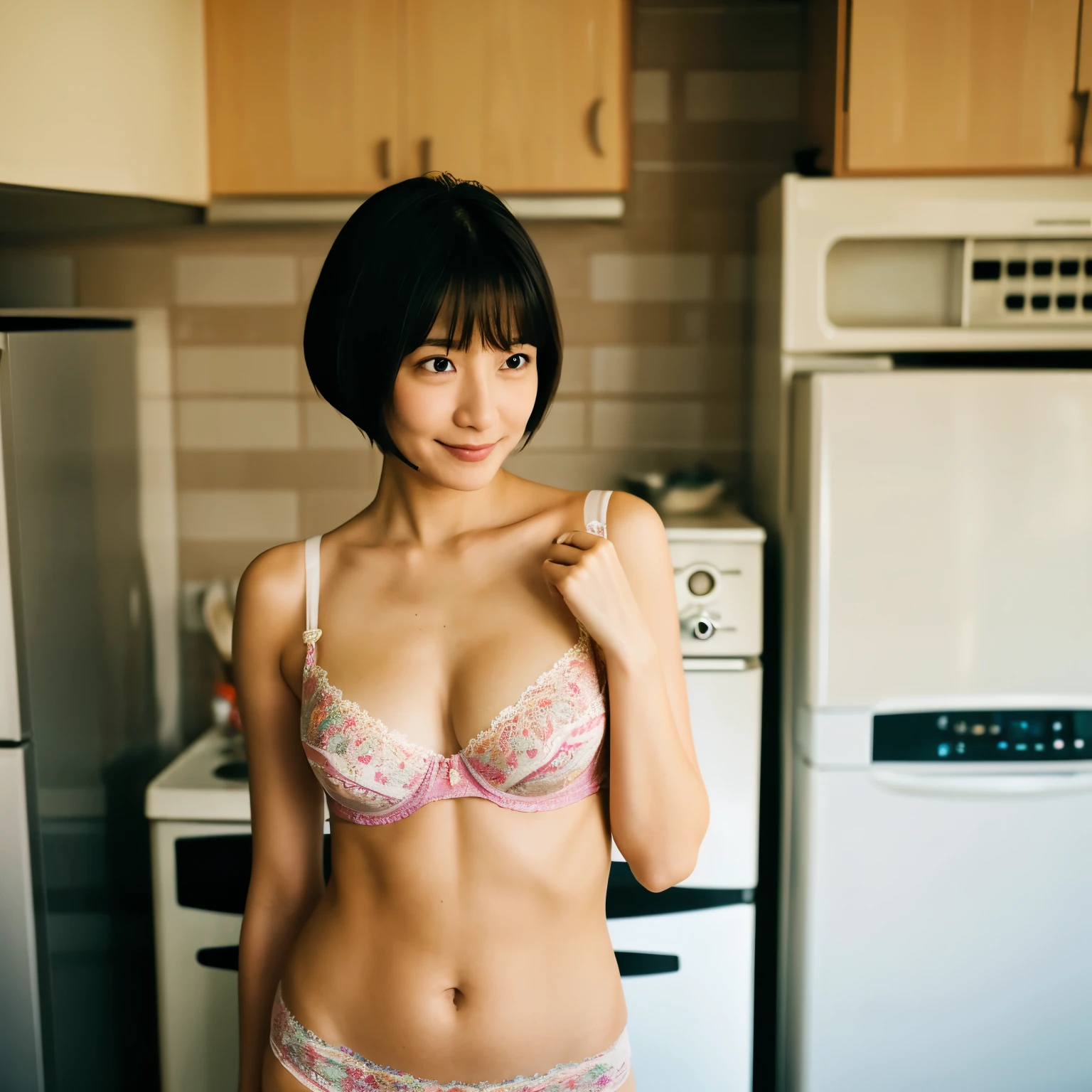 kitchen、lady、underwear、mole、short hair