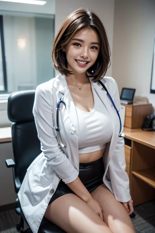  (((Examination while sitting on a chair in the examination room))), (((White Coat of Doctor, Light purple blouse, Brown tight mini skirt、Stethoscope))),(1 The ultimate beautiful female doctor), middle aged, very detailed顔, detailed lips, fine eyes, double eyelid,(beautiful teeth),Black bob-shaped hair, (grin and laugh),(big breasts), perfect hands, perfect fingers, perfect breasts, that&#39;that&#39;s right, perfect body, perfect face, perfect image realism, ((background: Hospital examination room with lots of medical equipment)), 詳細なbackground, detailed costume, perfect lighting, hyper realism, Photoreal, 8K maximum resolution, (masterpiece), very detailed, Professional