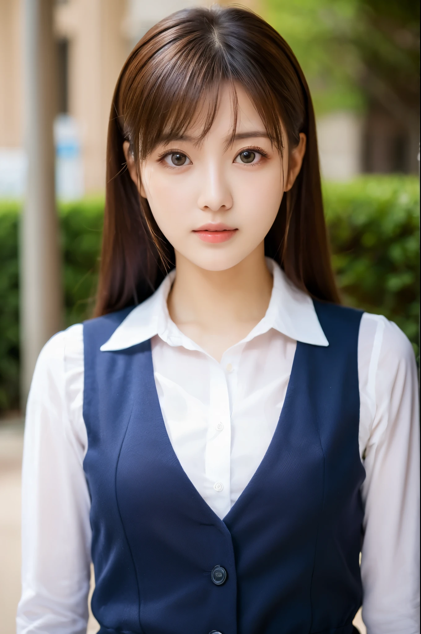 Ulchan-6500-v1.1, (RAW photo:1.2), (Photoreal), beautiful detailed girl, (genuine: 1.4), very detailed目と顔, beautiful and fine eyes, Vests with various patterns、((Are standing:1.3))、(super realistic pantyhose:1.2), (high heels)、(Business service)、huge file size, High resolution, very detailed, highest quality, [masterpiece:1.6], enlightenment, very detailed, finely, highest quality, 8k wallpaper, movie lighting, 1 girl, 26 years old, perfect body shape, Cute droopy eyes、beautiful big eyes、highest quality, 1 girl, eye shadow, Upper body, portrait, ((full body shot:1.2))、