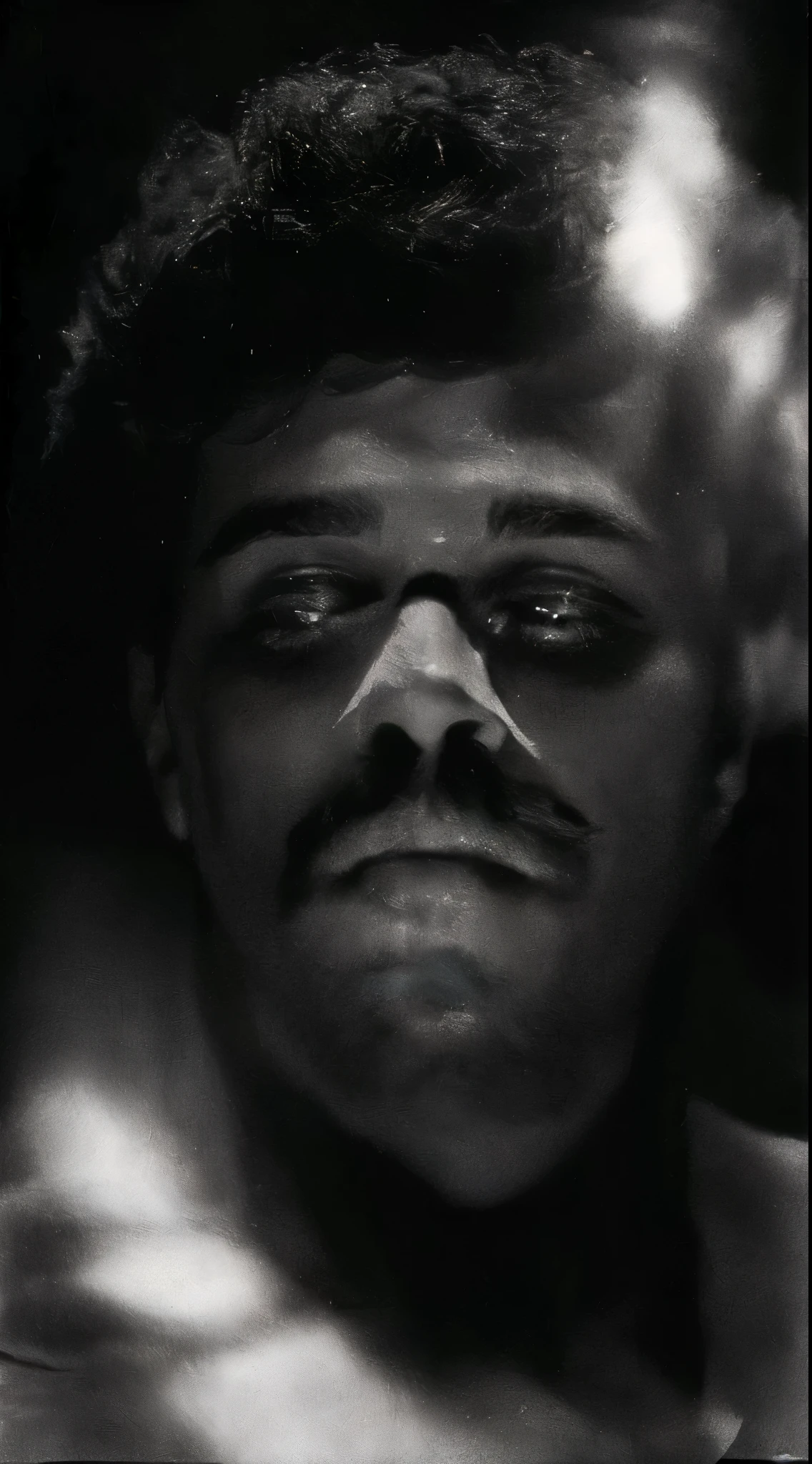a close up of faaris azura with a nose bandage and a mustache, faaris azura close-up portrait film still, faaris azura closeup shot of face, markings on faaris azura's face, still from a music video, face of faaris azura, faaris azura