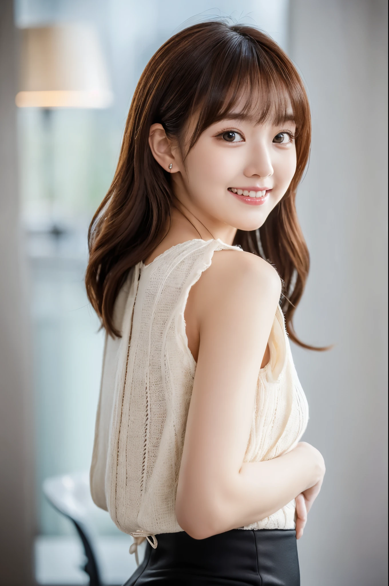 Young japanese lady, 30s, White background, It features a simple background, white-brown hair, slender, 4K, in 8K, High quality, Beauty, Beautiful eyes, It features a simple, High resolution,1 person,Beautiful skins,Beautiful skin,a smile,Relaxing,Operating a smartphone