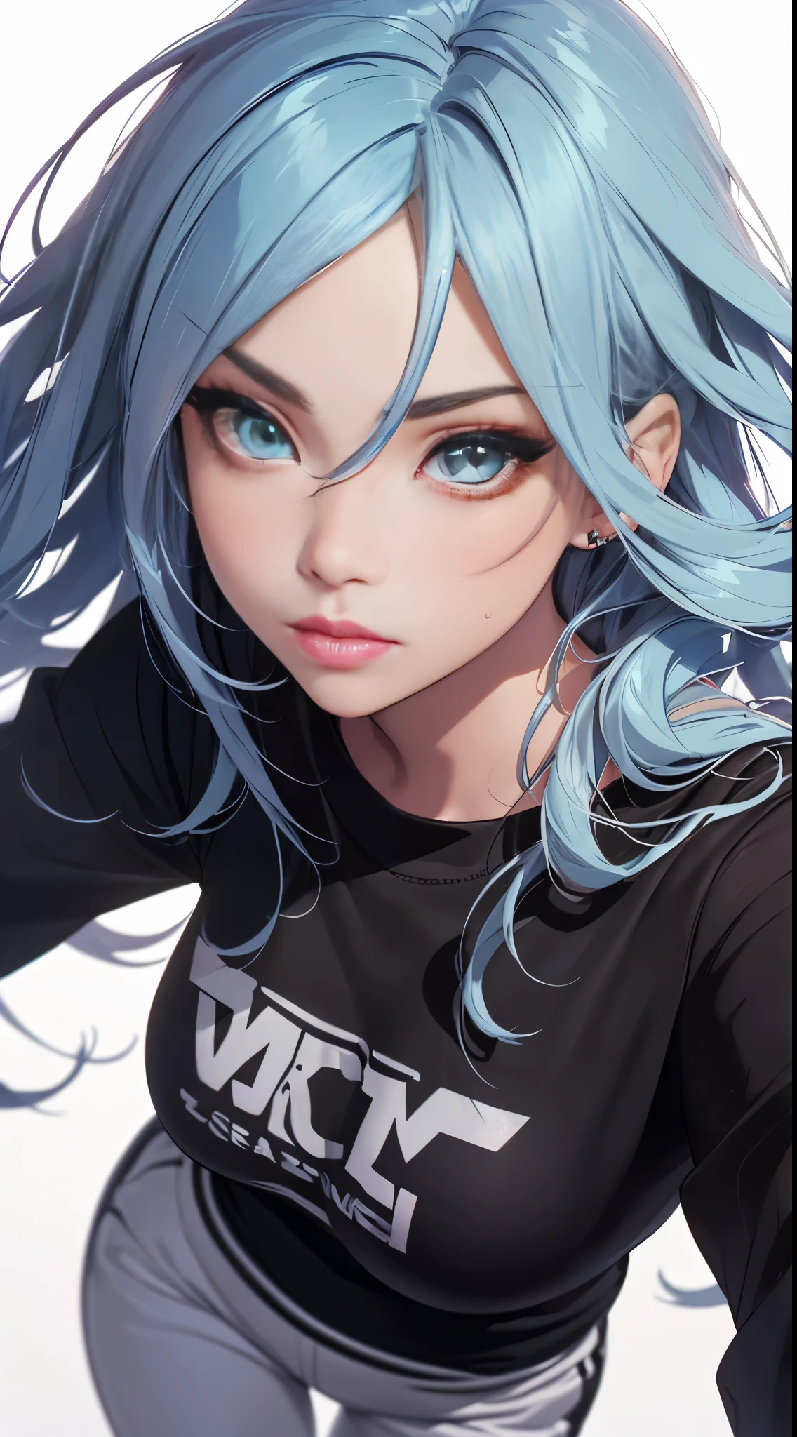 1 girl named Sarah with long light blue hair, dyed loose hair, Long hairstyle, perfect detailed face, Young pretty white girl, Hot-top model, Detailed symmetrical light green eyes with round irises, Beautiful, Walking and posing, Look at the observer, 19-year-old girl, looks like Madison Beer, extremely detailed face, Model, Realistic, Real life, perfect photorealistic picture, Realistic, hourglass figure, Stunning realistic photography, Detailed fingers, detailed realistic face, Soft fingers, real human nails, Extremely attractive girl, perfect detailed tan, small eyes, perfectly detailed face with realistic complexion and finely porous skin, small nose, Model, Perfect posture, Natural limbs, long legs, detailed symmetrical eyeballs, symmetric eyes, Realistic eyeballs, Realistic detailed eyes, cute plump closed lips, makeup, no long neck, no long waist, Perfect proportional body, seductive gaze, Looking in the direction of the viewer, Fascinating facial features, ah high, two arms, Two legs, one head, tiny breasts, realistic natural bodies, realistic shadows, Mystical epiphany, 8K, UHD, ((body facing the viewer, Pointing at the camera)), "wide-angle", Full-body shot, full pose, (photo studio white background), tempt a little, Cinematic world, Cover photo in the center of Hyperealistic, Stunning full-color, Cinematic, neoprene, behance contest winner, portrait of a, presented at Unsplash, stylized digital art, Smooth, extra high resolution, She wearing a large white long T-shirt and black Acronym J36-S sweatpants (T-shirt only white), black and white sneakers, instagram model, 80mm , Streetwear , (((dynamic view))) , Realistic,round ass