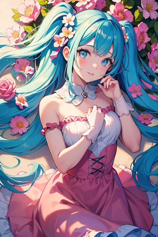A girl with beautiful detailed eyes and lips, in a garden surrounded by blooming flowers. The girl has a happy and vibrant expression, wearing a flowing pink dress. The scene is bathed in soft, warm sunlight, creating a dreamy and romantic atmosphere. The artwork is created in a medium that combines elements of illustration and photography, with a touch of fantasy. The image quality is of the best quality with ultra-detailed features and realistic rendering. The colors are vivid and vibrant, with a pink color palette dominating the overall composition. The lighting is soft and gentle, casting delicate shadows and emphasizing the girl's features.