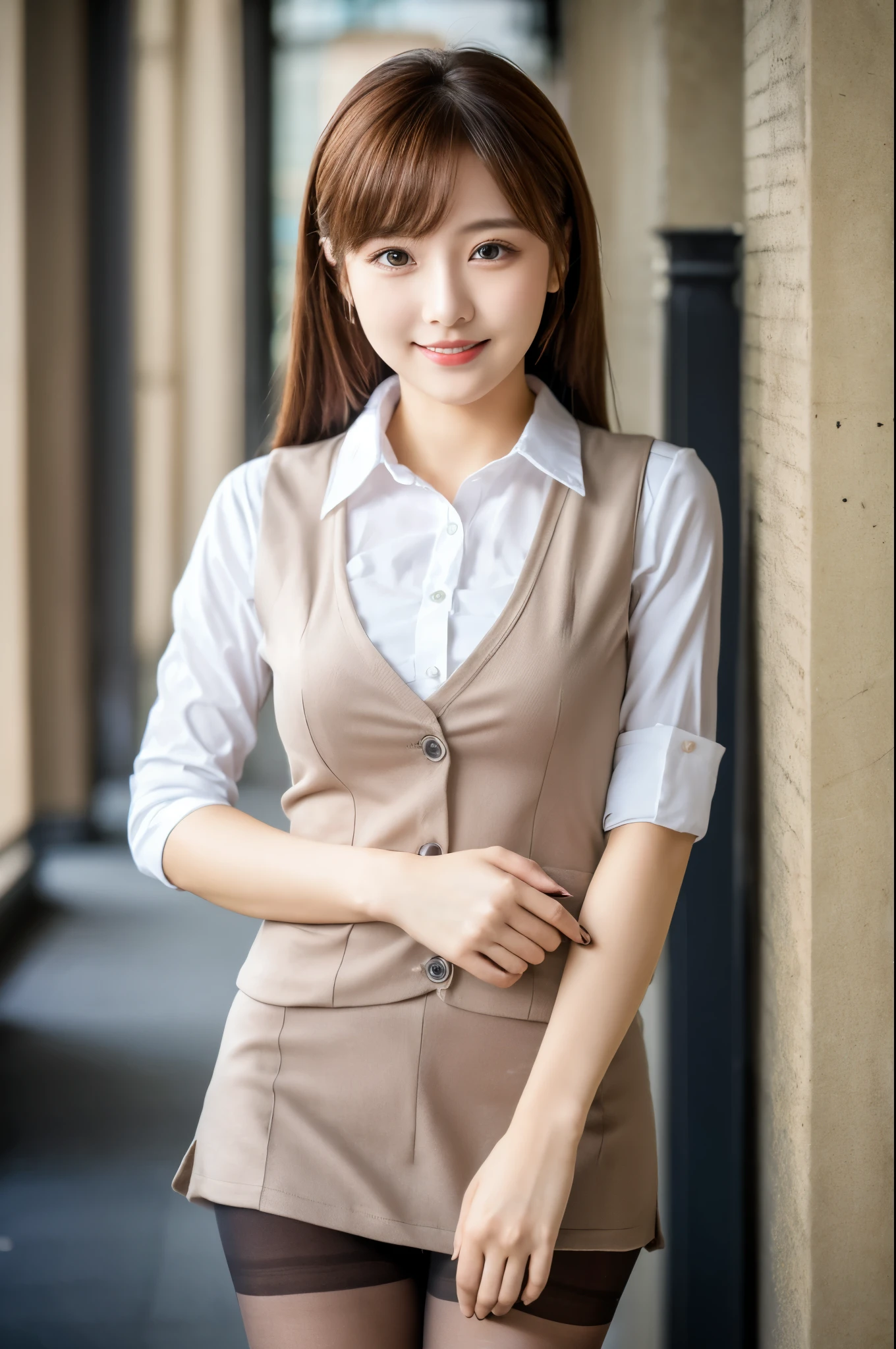 Ulchan-6500-v1.1, (RAW photo:1.2), (Photoreal), beautiful detailed girl, (genuine: 1.4), very detailed目と顔, beautiful and fine eyes, Vests with various patterns、((Are standing:1.3))、(super realistic pantyhose:1.2), (high heels)、(Business service)、(very affectionate smile:1.2)、huge file size, High resolution, very detailed, highest quality, [masterpiece:1.6], enlightenment, very detailed, finely, highest quality, 8k wallpaper, movie lighting, 1 girl, 26 years old, perfect body shape, Cute droopy eyes、beautiful big eyes、highest quality, 1 girl, eye shadow, Upper body, portrait, ((full body shot:1.2))、