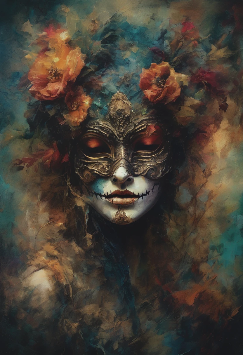 (best quality, highres, vivid colors), (dark, mysterious) lighting, (surreal, dreamlike) atmosphere, (expressive, detailed) brushstrokes, (haunting, ethereal) beauty, (whimsical, enchanting) background, (rich, vibrant) color palette, (subtle, delicate) textures, (captivating, evocative) composition,Wears an Ariesskull as a mask
