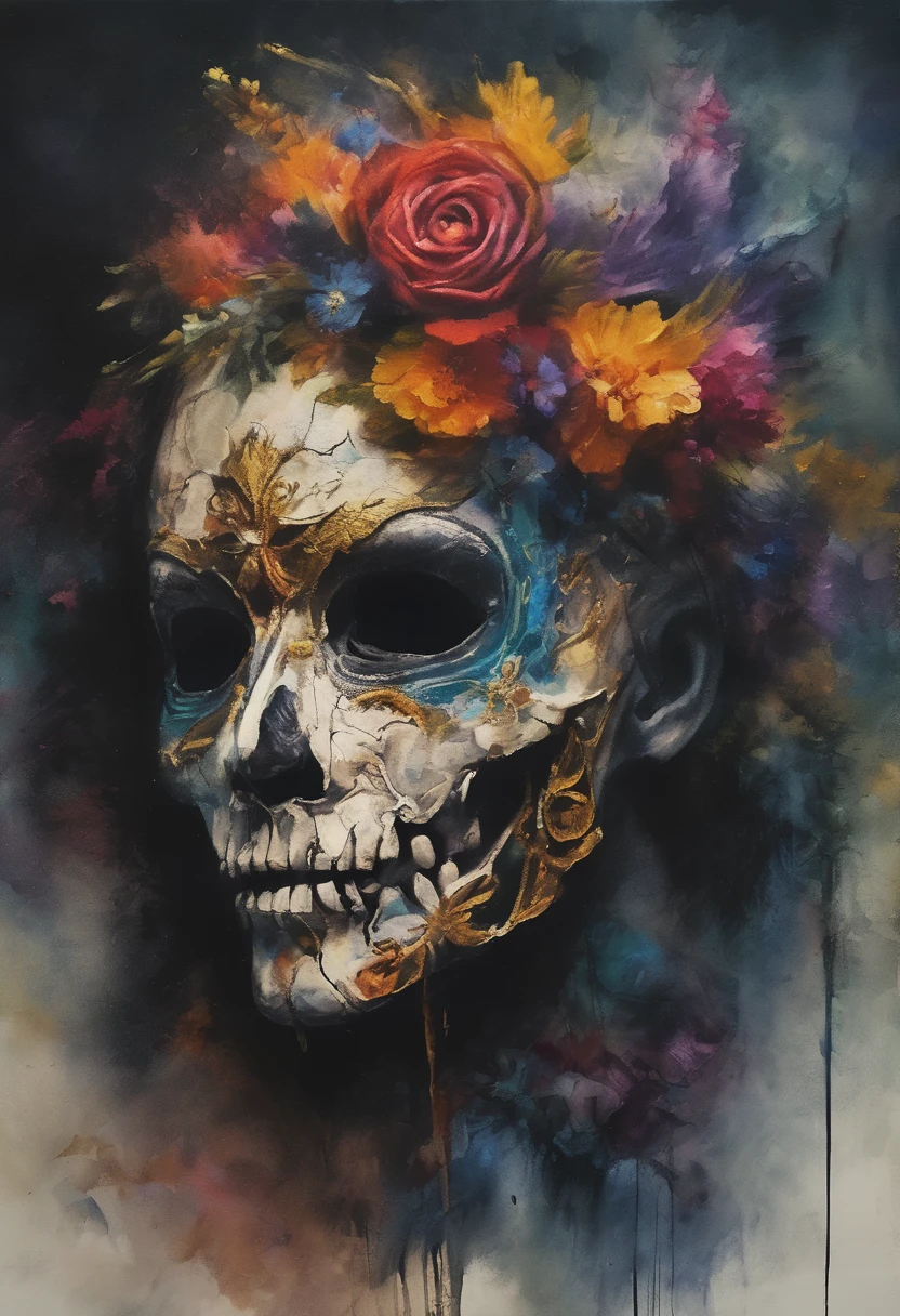 (best quality, highres, vivid colors), (dark, mysterious) lighting, (surreal, dreamlike) atmosphere, (expressive, detailed) brushstrokes, (haunting, ethereal) beauty, (whimsical, enchanting) background, (rich, vibrant) color palette, (subtle, delicate) textures, (captivating, evocative) composition,Wears an Ariesskull as a mask