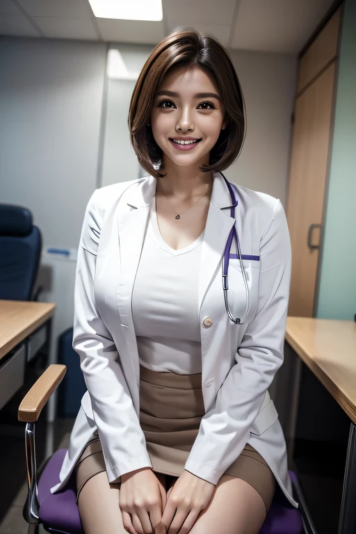  (((Examination while sitting on a chair in the examination room))), (((White Coat of Doctor, Light purple blouse, Brown tight skirt、Stethoscope))),(1 The ultimate beautiful female doctor), middle aged, very detailed顔, detailed lips, fine eyes, double eyelid,(beautiful teeth),Black bob-shaped hair, (grin and laugh),(big breasts), perfect hands, perfect fingers, perfect breasts, that&#39;that&#39;s right, perfect body, perfect face, perfect image realism, ((background: Hospital examination room with lots of medical equipment)), 詳細なbackground, detailed costume, perfect lighting, hyper realism, Photoreal, 8K maximum resolution, (masterpiece), very detailed, Professional