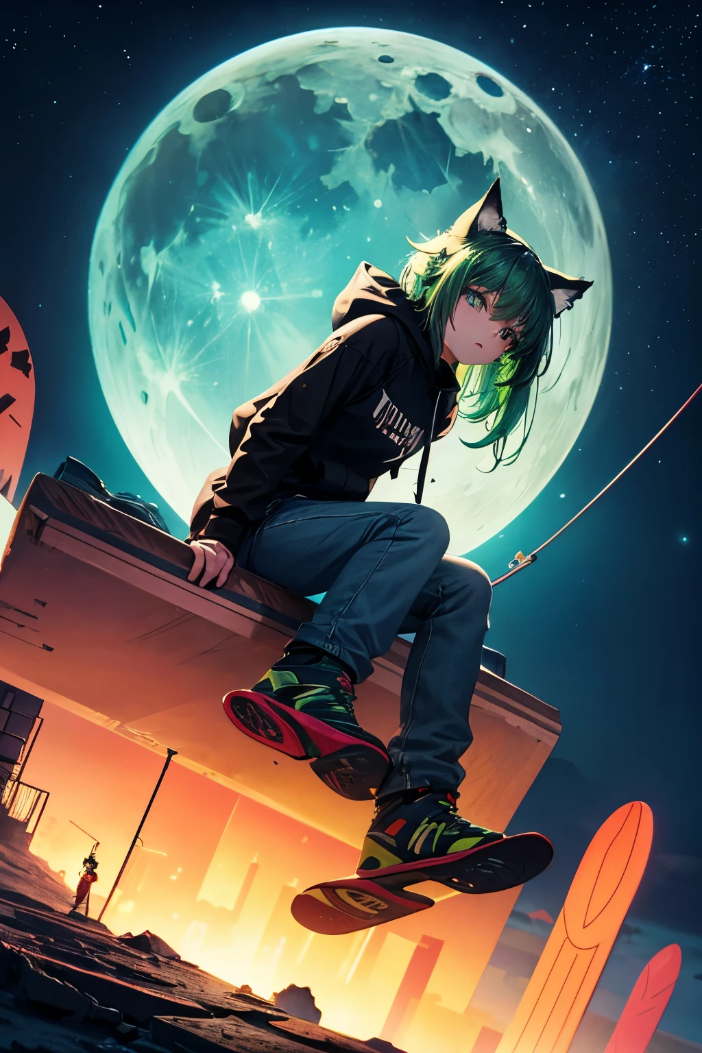 top quality, high resolution, perfect human structure, wasteland, jump, snowboard, from below, evening, moon, solitude, glowing hair, cat ears, green hair, hoodie, jeans, sitting, top angle, clothes, near future, city, neon colors, colorful, graphic design, multicolored hair star-shaped pupils , wavy hair