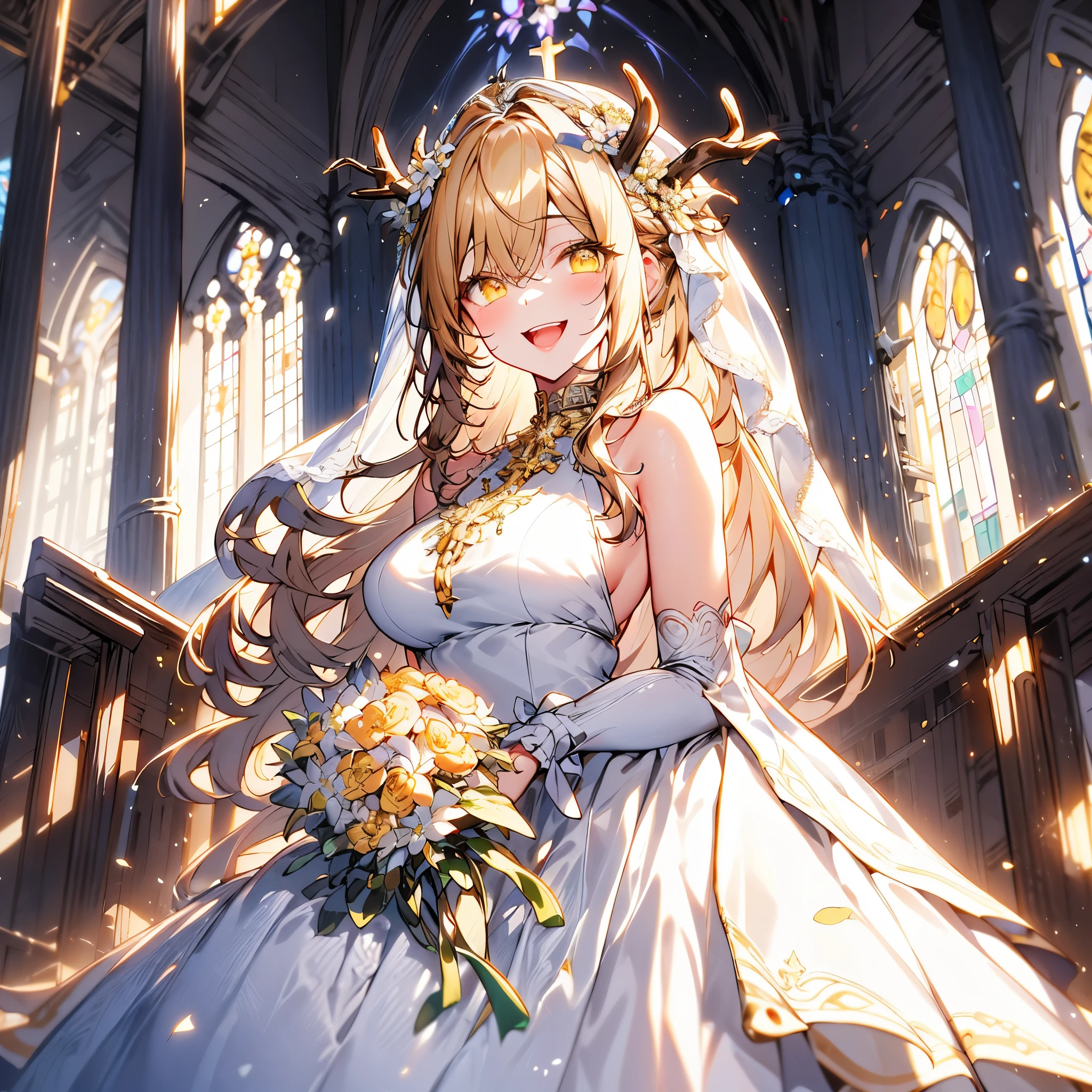 beautiful detailed eyes, beautiful detailed lips, extremely detailed hair, intricate antlers, flowing hair, elegant braided bangs, floral headpiece, stunning yellow eyes, wedding dress, bridal veil, in a church, holding a bouquet of flowers, smiling, open mouth