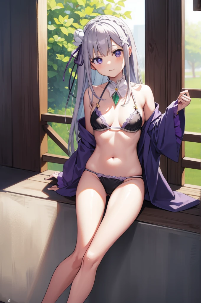 リゼロemilia、emilia、Braid、クラウンBraid、flower、髪flower、hair ornaments、hair ribbon、long hair、pointed ears、(purple eyes:1.2)、gray hair、xhair ornaments、 BREAK detach color、Small area black bikini、bikini swimwear、Absolute Ryoiki、 BREAK Outdoor、sandy beach、 Looking at BREAK viewer、BREAK(masterpiece:1.2)、Highest image quality、High resolution、unified 8k wallpaper、(An illustration:0.8)、(beautiful detailed eyes:1.6)、highly detailed face、perfect lighting、Highly detailed CG、(perfect hands、perfect anatomy)、smile、Sitting with legs open