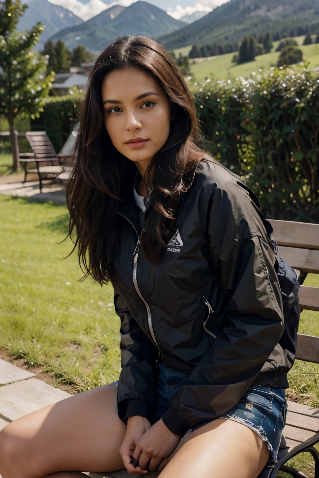 hyper realisitc medium dark tone skin brunette beautiful woman sitting on bench in a park with mountain view in the background. Woman is wearing hiking clothing