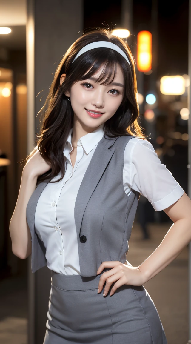 (((オフィスレディ、OL、office lady、formal clothes、shiny gray vest)))、(((horseshoe-shaped hairband)))、sexy,formal ,in the bank,vivid color panty,high heel、(((full body,including legs)))、Dressed up、(Photo real:1.4)、(A hyper-realistic:1.4)、(Photorealistic:1.3)、 (gentle lighting: 1.05)、(Improve the lighting quality of your video:0.9)、32k、 1Girl、25years old girl、photorealistic lighting、Back lighting、Facial Lights、Ray Trace、(bright:1.2)、(Increase quality:1.4)、 (best quality real texture skin)、Fair eyes,Delicate and delicate face、 (tired and sleepy and satisfied : 0.0), Close-up of the face,shiny gray vest,tight gray blouse [button gap :1.2],very tight gray shirt ,((([see through shirts:1.5], {covered nipples}))), gray mini skirt , (Bodyline mood improvement:1.1)、Glossy skin、wavy hair、韓国アイドル、乃木坂アイドル、Sculptural Idol Pose、little smile,blush,Beautiful actress、Neat woman,whole body, midium breasts,(perfect row of teeth),slender waist and hip,beautiful long legs,(full shot)、((8heads tall)、(((誘惑している、恥ずかしい)))、random dynamic pose,(eye shadow),(red cheek、red lips),Super Clean Night View、night time、blush,little smile,(((full shot)))、(((dynamic pose,gravure pose))),(((in the luxury night office)))