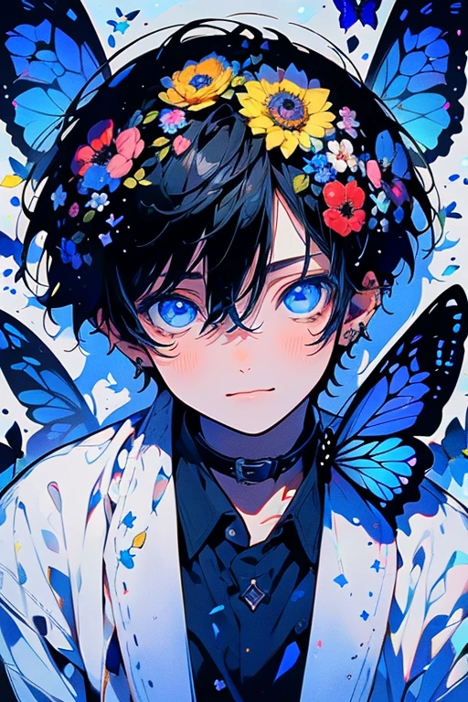 (table top), (highest quality), very detailed, One Boy, focus only，perfect face, beautiful face, very detailed顔，(black haired:1.3)，(blue eyes:1.3)，Floral，butterfly々，Floralびら，Optics，laughter