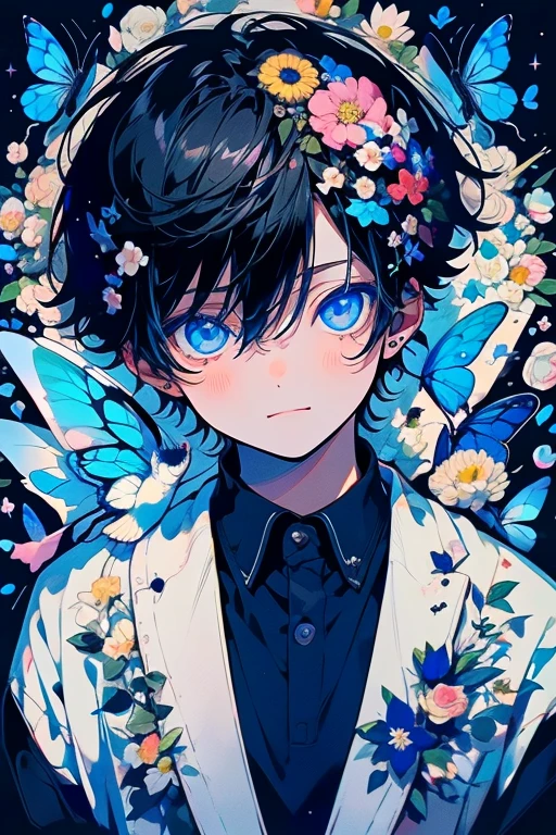 (table top), (highest quality), very detailed, One Boy, focus only，perfect face, beautiful face, very detailed顔，(black haired:1.3)，(blue eyes:1.3)，Floral，butterfly々，Floralびら，Optics，laughter