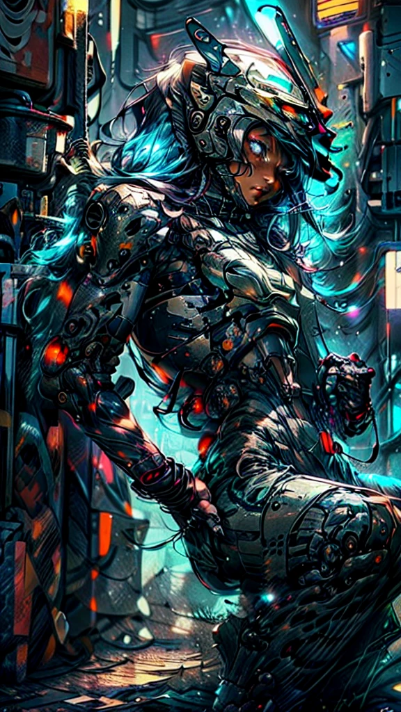 Realistic, perfect masterpiece, high quality, high resolution, highest image quality, 8k hd, 
1girl, 
Long dark blue hair, yellow eyes, glowing eyes, parted lips, blush, 
Cybernetic suit, mecha long skirt, armored dress, masks, Wild full-coverage helmets
Night, flowers, sun, sunlight, 
Highly detailed background