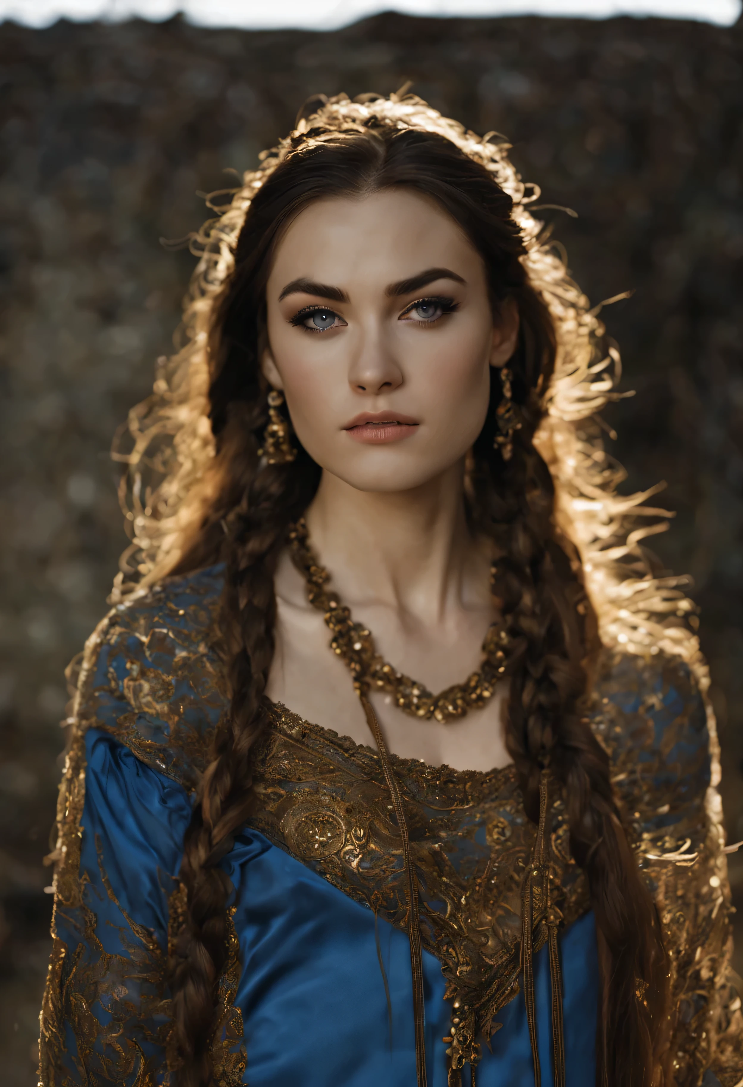 Sasha Grey, in la bete movie, by Walerian Borowczyk, erotic, 1girl, blue_eyes, blurry, blurry_background, braid, choker, depth_of_field, dress, earrings, eyelashes, hair_over_shoulder, jewelry, lips, long_hair, long_sleeves, looking_at_viewer, necklace, pendant, puffy_long_sleeves, puffy_sleeves, realistic, single_braid, solo, upper_body, Perfect centralization, Golden Beams Fantastic Black, neon diffused lighting