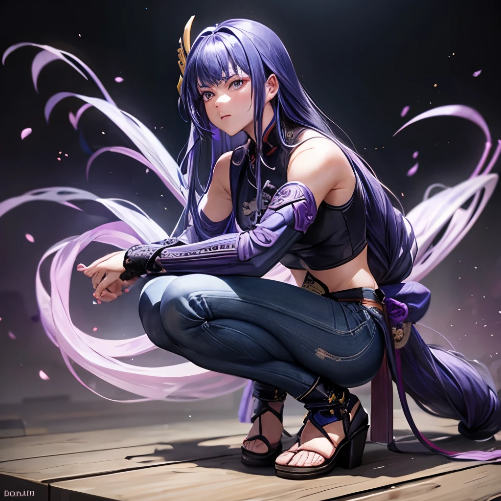 Raiden shogun, tight blue jeans, purple Chinese crop top, long hair, squatting, rare end