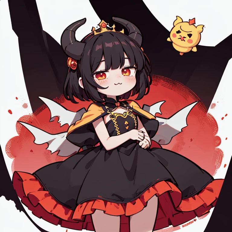 1chica, fantasy demon king, tiara negra, vestido largo con volantes en capas negro y rojo mangas largas,kawaii,:3,