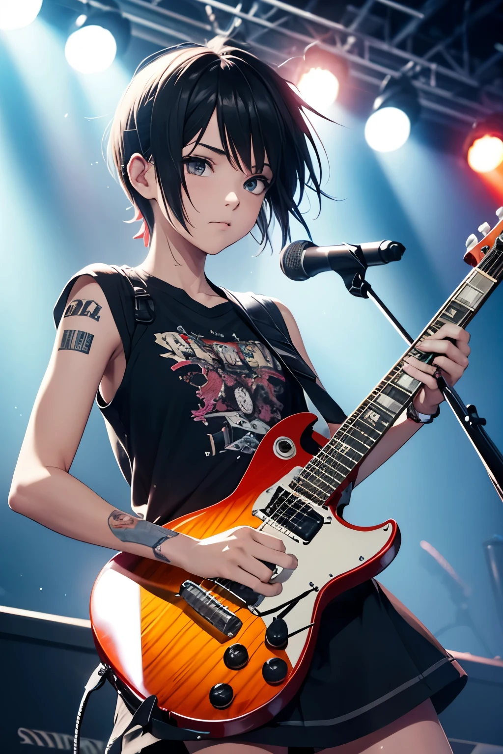 tomboy punk girl holding guitar in concert