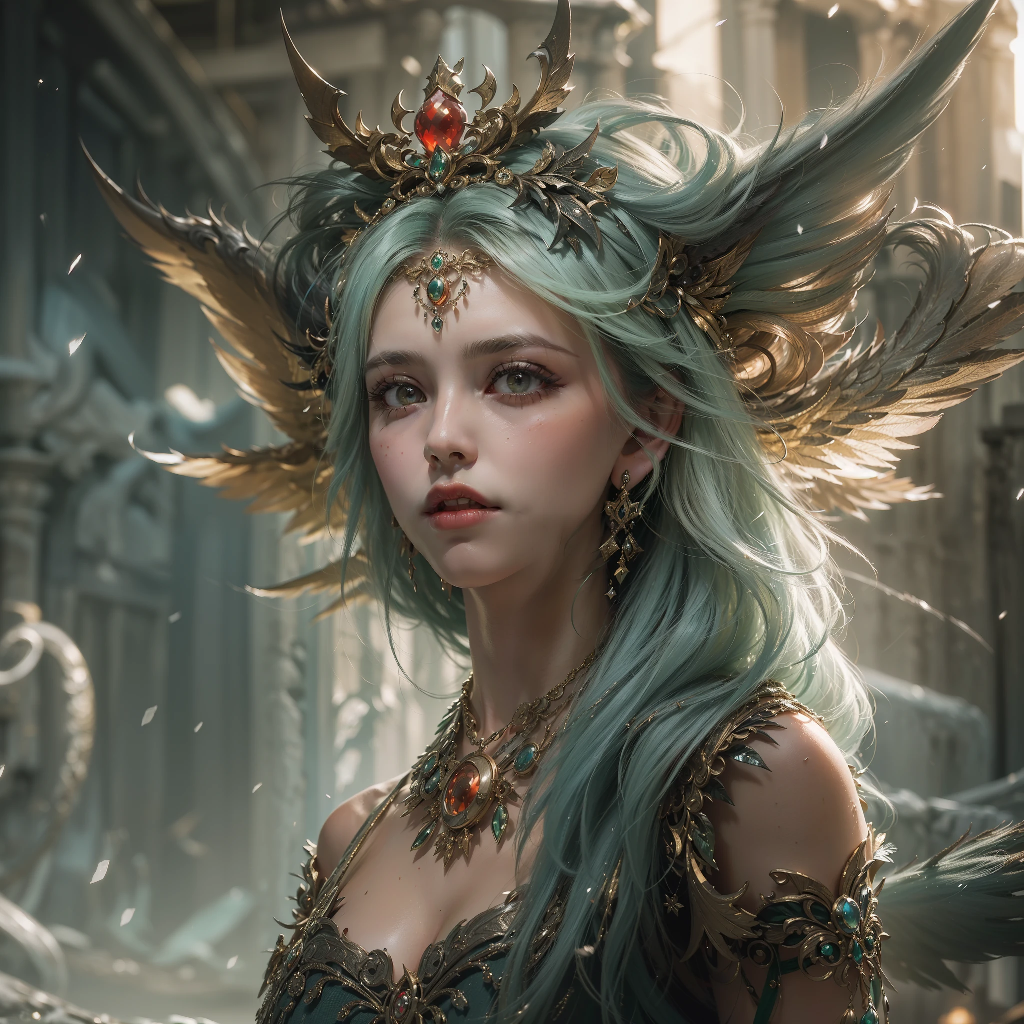 (award-winning masterpiece galore, incredibly detailed, textures and maximum detail), (full body standing image: 1.8), (hyper realistic: 1.4), (upper body close-up: 0.3), (realistic: 1.3), (top quality realistic textured skin), (dense perfect circle symmetrical eyes), ( finely painted beautiful face), (decadent image: 1.5), (aesthetic image: 1.5), (lewd and seductive image: 1.2), ((medieval world)), ((Lord black devil)), ((Lord white devil)), (elegant and decadent costume of exquisite workmanship: 1.8), (cold look), (she mischievous smile on her face), (eyes glowing red in the dark: 1.5), (many demons dancing in the background: 1.4), (dramatic light), (magnificent scene), (her expression is gentle and beautiful, but somewhat scary), ((large wings with feathers behind her shoulders)), (folded wings)), glass earrings in her ears, (full body standing image:1.8)), (((dramatic photo))), (twilight), (sunset), (dusk), (seductive pose), (dramatic pose), (golden hair), (silver hair), (chestnut hair), ((short cut hair: 1.8)), ((green hair ))), ((full-length portrait)), ((looking up)), ((looking down)), (simple necklace with elaborate workmanship around her neck), (swirling confetti), (swirling lightning), (swirling ice and snow), (full-length standing image:1.8), old ruins infested with plants, great temple, large Cathedral, Ruins of a temple, Temple away from temple, (Glowing Magic Circle:1.4), Ruins of an ancient castle, Deserted ruins, Crumbling ruins, Ancient ruins with clear running water, Wavelets, Flowing water, Glowing majestic cloud mass and sky, Lightning, epic realistic, ((neutral colors)), (HDR:1.5), (Subdued colors:1.2), Very very detailed, cinematic, warm light, dramatic light, (complex details:1.1), complex background, (complex details:1.1), (complex details:1.1), (complex details:1.1), (complex details:1.1), (complex details:1.1), (complex details:1.1)