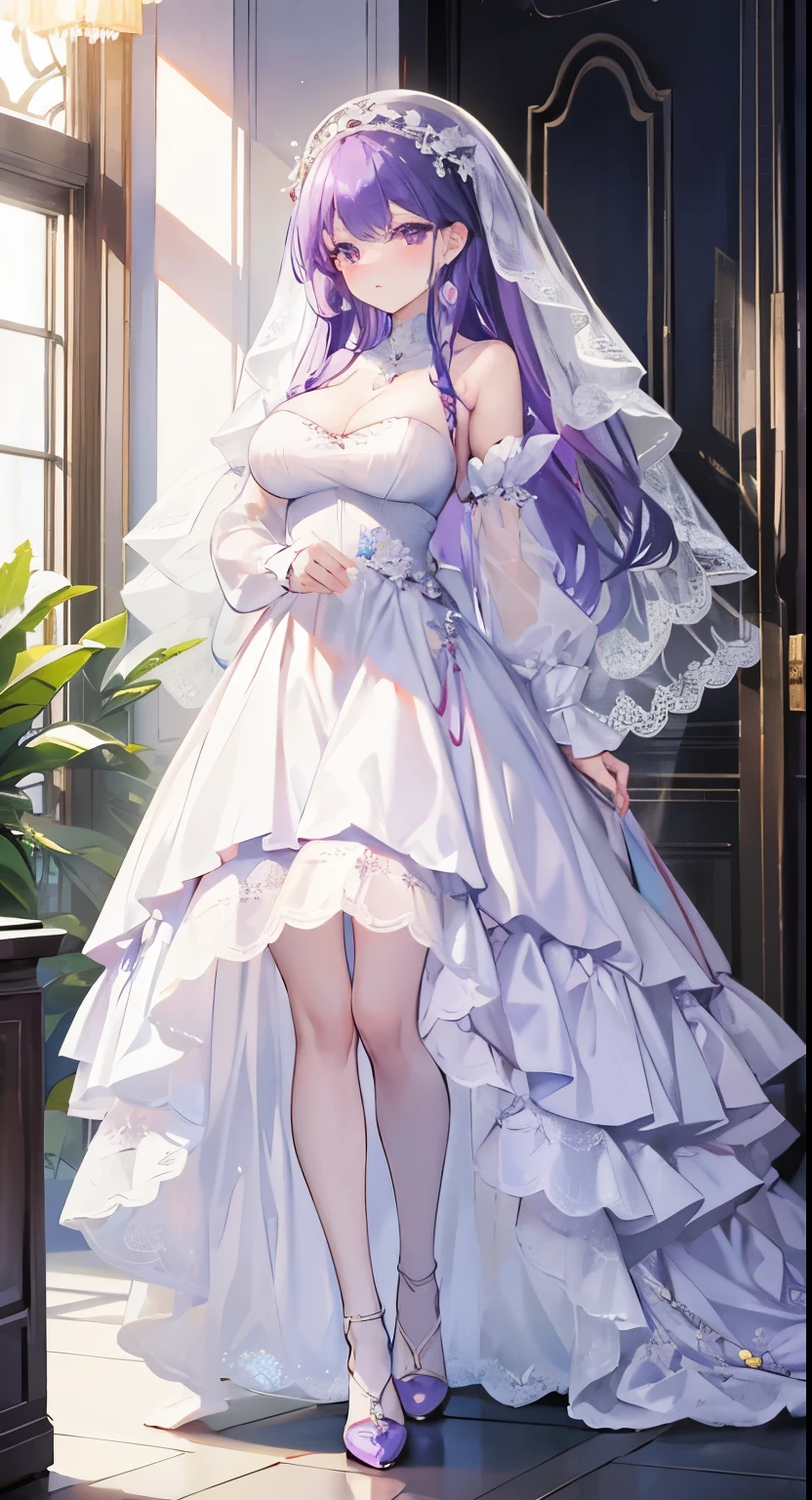 lexington \(warship girls r\),1girl, solo, (8k, masterpiece:1.2), highly detailed, ultra-detailed, masterclass, hair_between_eyes, braid, perfect lighting, medium breasts, hair ornament, Flaxen long hair(delicate eyes), (blue eyes), (detailed facial features), full body, long_hair, blush, feathers hair ornament, (dark blue wedding dress:1.2) night, windows, indoors, light, indoors, carpet, illustration, cowboy shot, masterpiece, best quality, best quality,Flaxen long hair(delicate eyes),(blue eyes),(MediumBlue evening dress:1.2),