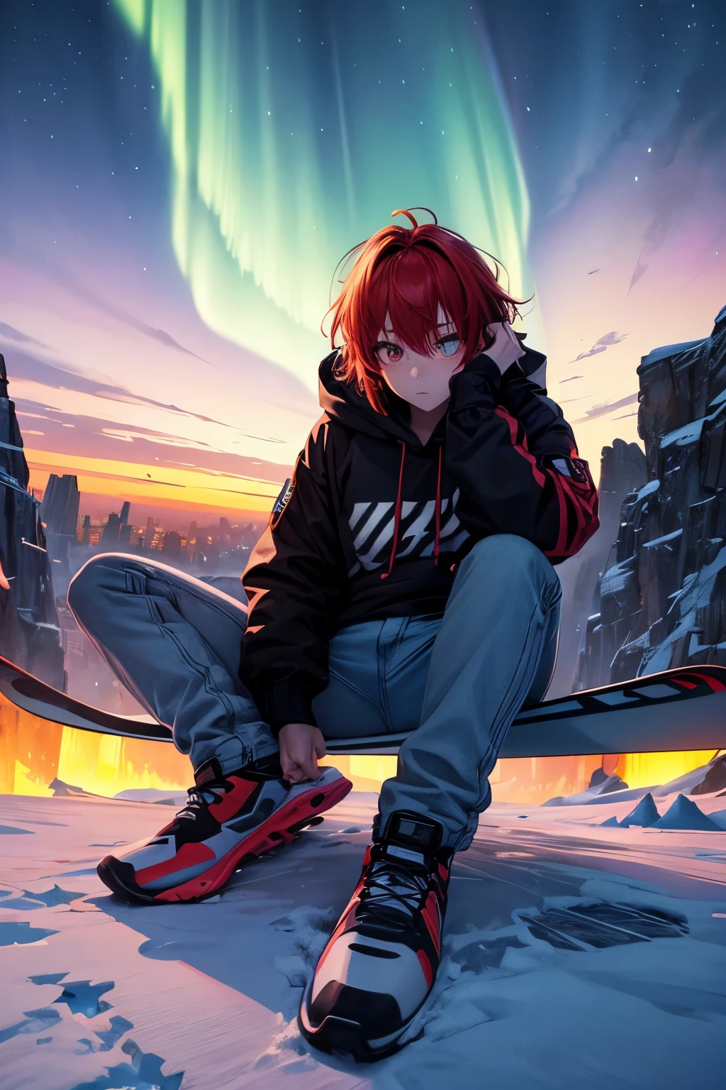top quality, high resolution, perfect human structure, wasteland, jump, snowboard, from below, evening, night, northern lights, moon, loneliness, glowing hair, red hair, hoodie, jeans, sitting, angle from above, clothes, near future, city, neon colors, colorful, graphic design, multicolored hair, star-shaped pupils, wavy hair