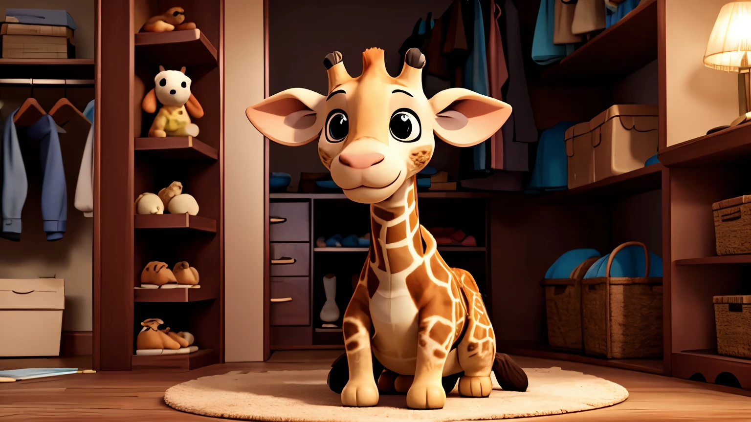 sad, plush giraffe, dark closet