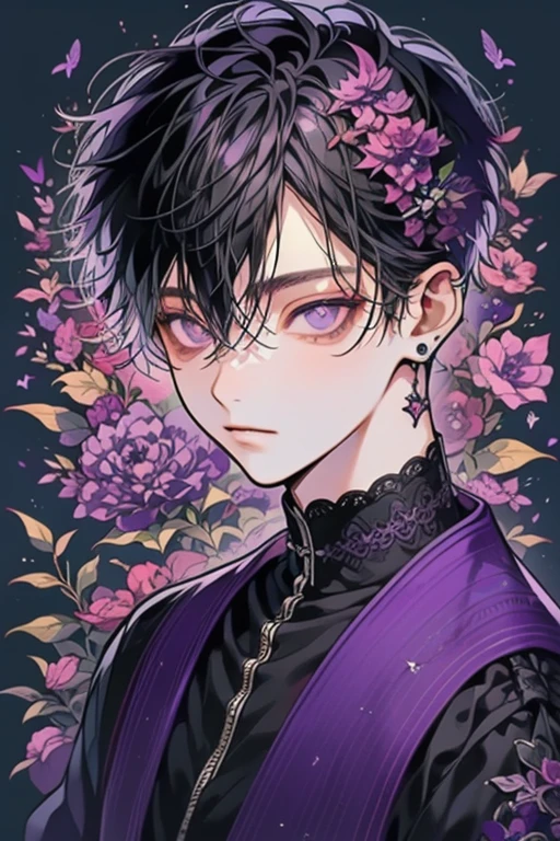 (table top), (highest quality), very detailed, 1 boy, focus only，perfect face, beautiful face, very detailed顔，(short black hair:1.3)，(purple eyes:1.3)