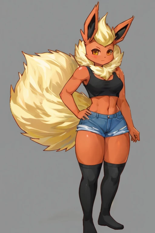 ((Flareon)), anthropomorphic, big boobs, big ass, pokemorph, (((1girl))), (((black cropped tank top))), (denim short shorts), (black flats), cute and sexy, red skin, (white thigh high socks), long legs