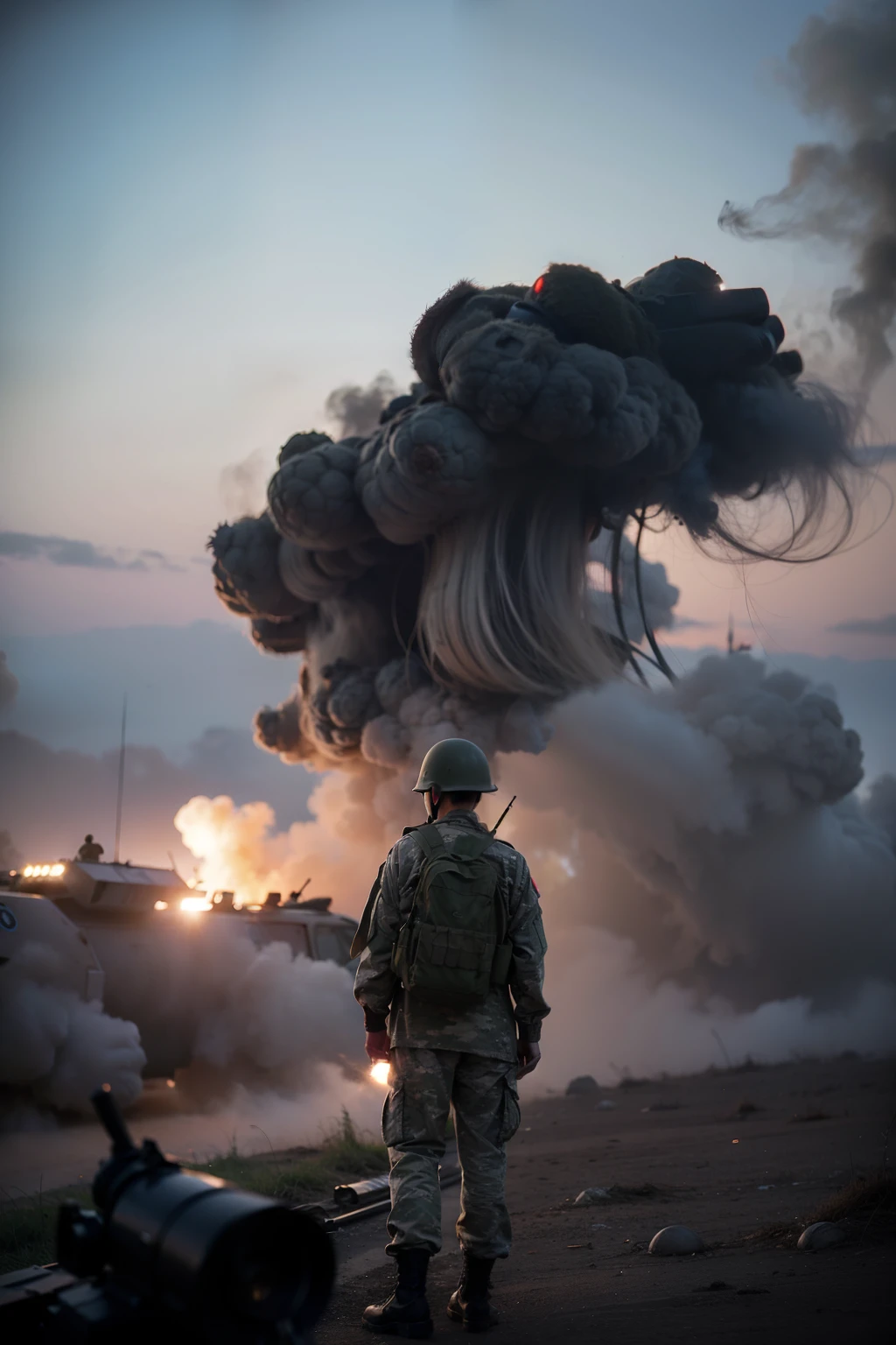 (detailed description), war in Israel, explosions, ruins, soldiers in combat, tanks advancing, smoke and dust filling the air, intense gunfire, helicopters flying overhead, people seeking shelter, devastated buildings, rubble and debris, fear and panic, injured civilians, military operations, strategic maneuvers, determination and resilience, conflict and tension, wartime journalism, historical significance, documentary style, dramatic lighting and shadows, vibrant colors, dynamic composition, emotional impact
