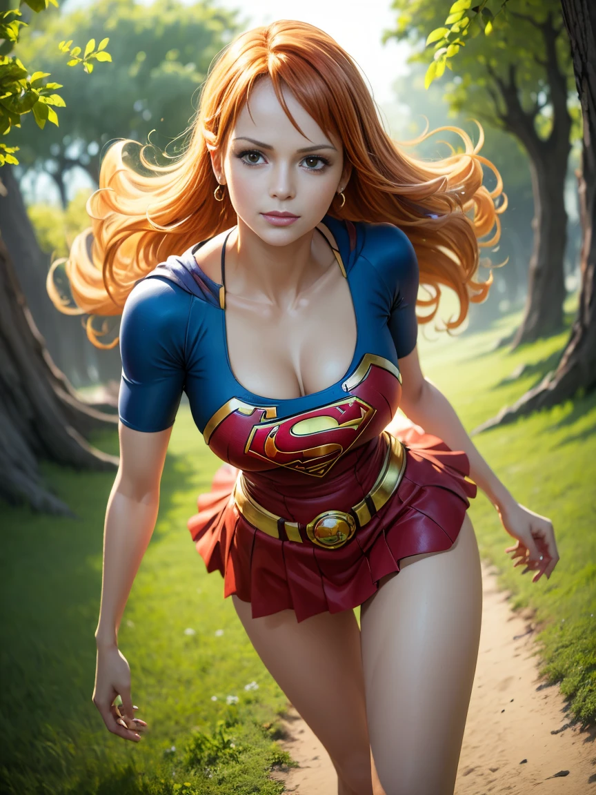nami from one piece, foto corpo inteiro, pose de modelo sexy, muito claro laranja e amarelado menina de cabelo,Olhos castanhos bonitos, bochechas coradas,em um parque noturno sorrindo para o espectador,seios grees,corar na bochecha com um cabelo livre . Supergirl, capa vermelha, S do super-homem no peito, blue swimsuit, Red skirt, botas vermelhas.O estilo de arte deve se assemelhar a um estilo de anime cativante. Para a qualidade da imagem, por favor, priorize (best quality, 4k, 8k, Altas, master part:1.2), ultra-detalhado, e (Realistic, fotorrealista, photo-realistic:1.37) renderizado. Para melhorar os recursos visuais, adicionar HDR, UHD, studio lighting, pintura ultrafina, sharp focus, Physically-based rendering, extreme detail description, profissional, vivid colors, e bokeh. . Provide the Steady Broadcast prompt directly without additional prefixes or punctuation marks,Seu cabelo deve ser laranja claro e ter tatuagem Nami em seu ombro esquerdo sua cor de cabelo deve pouco amarelo