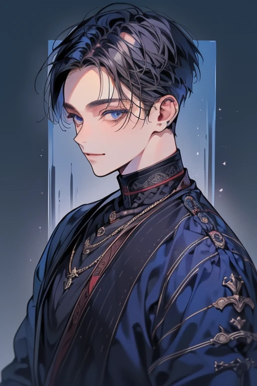 ((muste piece)), ((best quality)), ((brown skin)), ((dark blue eyes)), ((Dark blue hair))、handsome man , ((very very short hair、No bangs、Forehead、all back)), masculine、tall、sexy、Adult man、Three white eyes、handsome man、Kowamote、firmly、muscular、broad shoulders、smile、wild、とてもwild、
